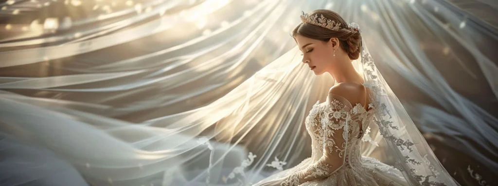 a Stunning A-line Wedding Dress, Adorned with Intricate Embroidery and a Flowing Delicate Veil, Stands Elegantly Against a Soft, Dreamy Backdrop of Muted Pastel Colors, Capturing the Essence of Modern Bridal Beauty. - Scarlet Poppy Bridal Boutique - Scarlet Poppy Bridal Boutique