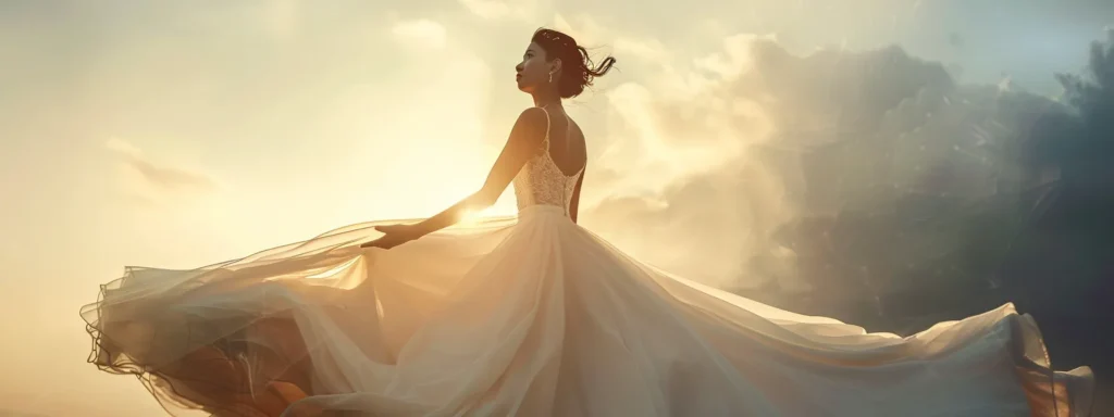 a Stunning Apple-shaped Bride in an Elegant Empire-waist Gown Made from Luxurious Draping Fabric, Radiating Confidence and Beauty Against a Soft, Romantic Backdrop. - Scarlet Poppy Bridal Boutique - Scarlet Poppy Bridal Boutique