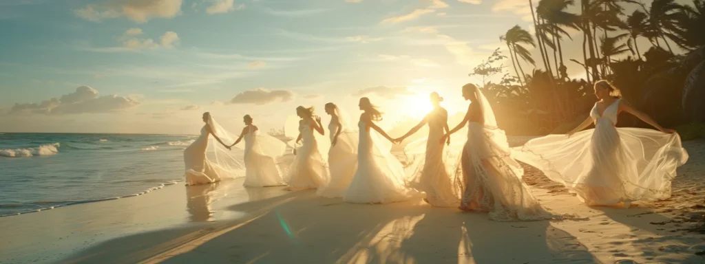a Stunning Array of Bridal Dresses Set Against a Serene Beach Backdrop, Showcasing Flowy Fabrics and Elegant Veils That Capture the Essence of a Romantic Destination Wedding. - Scarlet Poppy Bridal Boutique - Scarlet Poppy Bridal Boutique