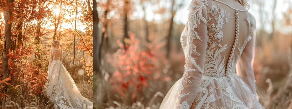 a Stunning Autumn Wedding Dress Featuring Romantic Long Sleeves, Exquisite Tulle and Lace Details, and Bold Back Designs in Soft Earthy Tones, Set Against a Backdrop of Vibrant Fall Foliage. - Scarlet Poppy Bridal Boutique - Scarlet Poppy Bridal Boutique