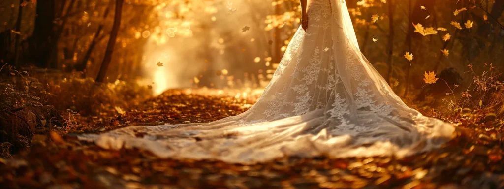 a Stunning Autumn Wedding Gown Elegantly Drapes Along a Sunlit Forest Path, Showcasing a Perfect Floor-length Fit Adorned with Intricate Lace, As Soft Golden Leaves Fall Around in a Serene, Romantic Atmosphere. - Scarlet Poppy Bridal Boutique - Scarlet Poppy Bridal Boutique