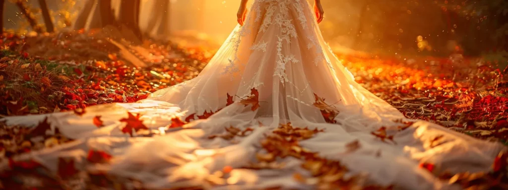 a Stunning Autumn Wedding Scene Features an Elegant Designer Wedding Dress with Rich Textures and Flowing Layers, Surrounded by Vibrant Fall Foliage That Enhances the Bride's Radiant Beauty. - Scarlet Poppy Bridal Boutique - Scarlet Poppy Bridal Boutique