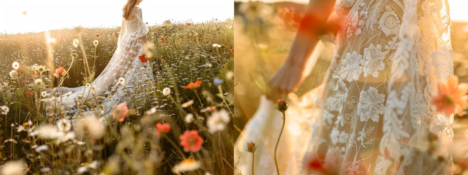 a Stunning Bohemian Wedding Dress Intricately Adorned with Delicate Lace Cascades in a Sun-drenched Meadow, Surrounded by Vibrant Wildflowers and Dappled Sunlight Creating an Ethereal Atmosphere. - Scarlet Poppy Bridal Boutique - Scarlet Poppy Bridal Boutique