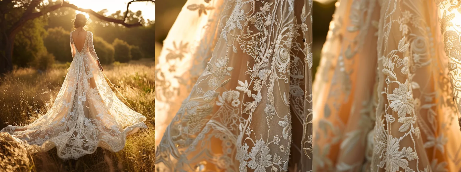 a Stunning Bohemian Wedding Dress Flows Gracefully in a Sun-drenched Meadow, Adorned with Intricate Lace and Delicate Floral Accents, Embodying the Essence of Ethereal Romance. - Scarlet Poppy Bridal Boutique - Scarlet Poppy Bridal Boutique