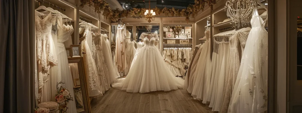 a Stunning Bridal Boutique Display Featuring an Array of Elegant Wedding Dresses in Various Styles, Adorned with Intricate Details and Rich Textures, All Bathed in Soft, Warm Lighting to Create an Inviting and Luxurious Atmosphere. - Scarlet Poppy Bridal Boutique - Scarlet Poppy Bridal Boutique