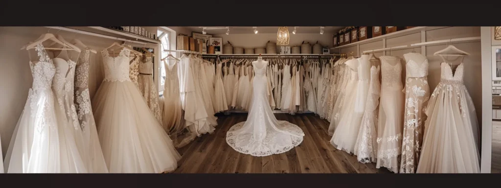 a Stunning Bridal Boutique in Leeds, Adorned with an Array of Elegant Chiffon and Lace Gowns, Showcases a Vibrant Selection of Affordable Wedding Dresses Under Soft, Ambient Lighting, Inviting Brides to Discover Their Dream Attire. - Scarlet Poppy Bridal Boutique - Scarlet Poppy Bridal Boutique