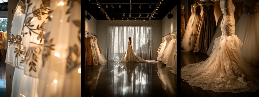 a stunning bridal display features a radiant bride in a flowing luxury gown, surrounded by elegant budget-friendly and mid-range dress options, all set against a softly lit, dreamy backdrop that highlights the beauty of diverse choices for every bride's style and budget. - Scarlet Poppy Bridal Boutique - Scarlet Poppy Bridal Boutique a Stunning Bridal Display Features a Radiant Bride in a Flowing Luxury Gown, Surrounded by Elegant Budget-friendly and Mid-range Dress Options, All Set Against a Softly Lit, Dreamy Backdrop That Highlights the Beauty of Diverse Choices for Every Bride's Style and Budget. - Scarlet Poppy Bridal Boutique - Scarlet Poppy Bridal Boutique