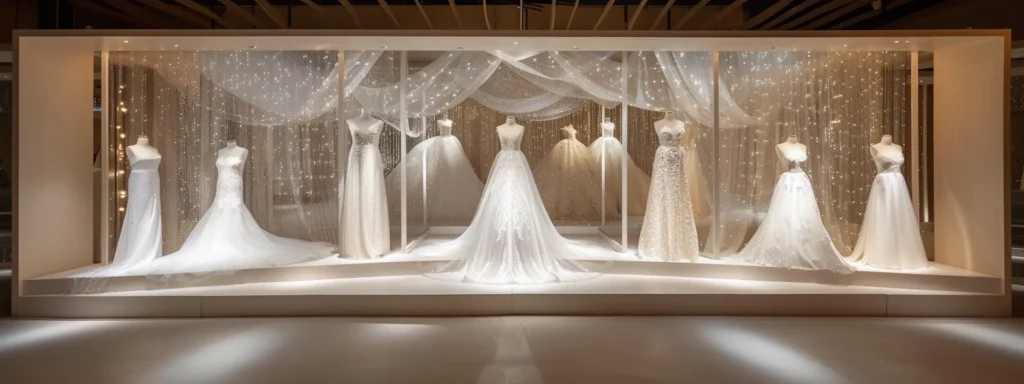a Stunning Bridal Display Showcases a Range of Affordable Wedding Gowns, Featuring Elegant Lace and Minimalist Designs, Accentuated by Unique Fabrics and Rich Textures, Set Against a Softly Lit Backdrop That Evokes a Sense of Modern Sophistication. - Scarlet Poppy Bridal Boutique - Scarlet Poppy Bridal Boutique