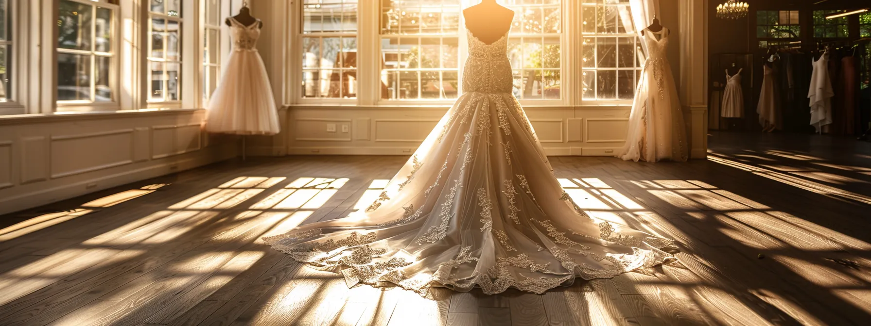 a Stunning Bridal Gown Displayed Elegantly in the Inviting Ambience of Scarlet Poppy Bridal Boutique, Bathed in Soft, Warm Light That Accentuates Its Delicate Lace and Flowing Silhouette. - Scarlet Poppy Bridal Boutique - Scarlet Poppy Bridal Boutique