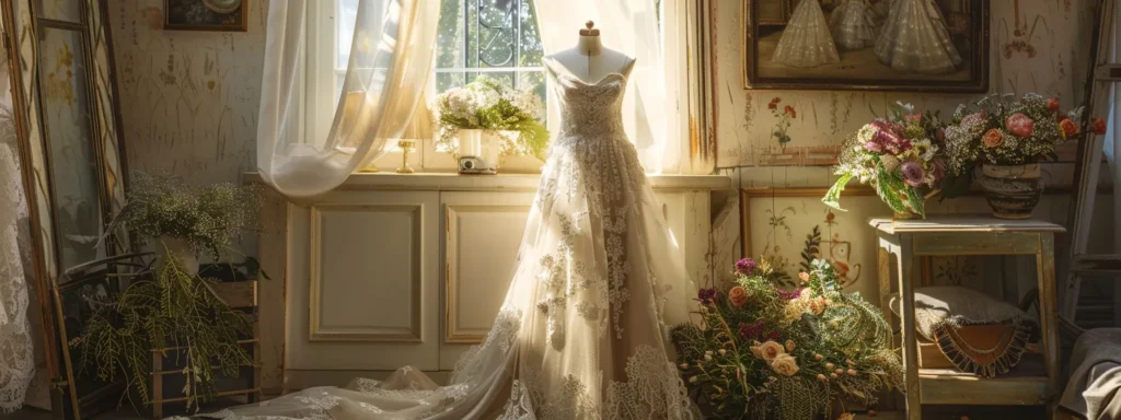 a Stunning Bridal Gown Displayed Elegantly on a Vintage Mannequin, Showcasing Luxurious Fabric and Intricate Details, Surrounded by Soft, Diffused Natural Light That Highlights the Delicate Craftsmanship and Seasonal Floral Accents in a Quaint Boutique Setting. - Scarlet Poppy Bridal Boutique - Scarlet Poppy Bridal Boutique