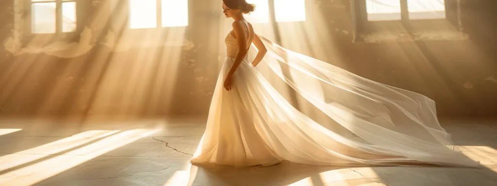 a Stunning Bridal Gown Drapes Elegantly on a Model Against a Soft, Sunlit Backdrop, Showcasing a Harmonious Blend of Comfort and Style Tailored to Various Body Shapes. - Scarlet Poppy Bridal Boutique - Scarlet Poppy Bridal Boutique