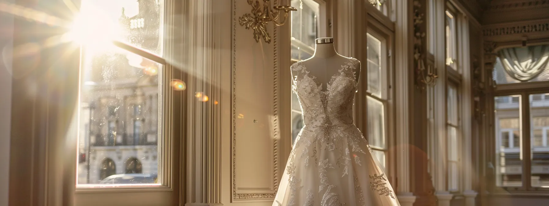 a Stunning Bridal Gown Elegantly Displayed on a Luxurious Vintage Mannequin, Surrounded by Soft Natural Light Filtering Through the Ornate Windows of the Scarlet Poppy Bridal Boutique in Leeds, Showcasing a Breathtaking Top Designer Collection. - Scarlet Poppy Bridal Boutique - Scarlet Poppy Bridal Boutique