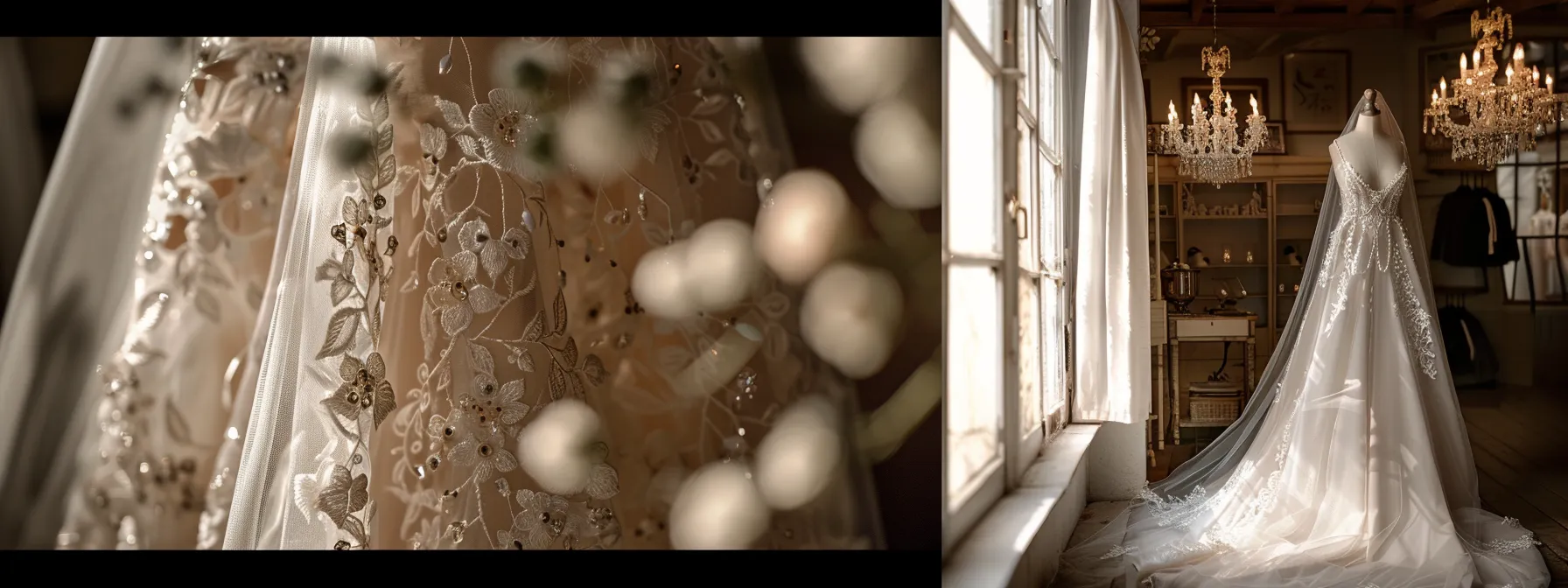 a Stunning Bridal Gown Elegantly Drapes on a Vintage Mannequin Inside the Beautifully Adorned Scarlet Poppy Bridal Boutique, Illuminated by Soft, Romantic Lighting That Highlights Intricate Lace Details and the Flowing Silhouette. - Scarlet Poppy Bridal Boutique - Scarlet Poppy Bridal Boutique