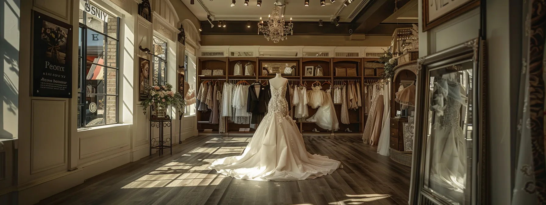 a Stunning Bridal Gown Elegantly Displayed in a Softly Lit Boutique, Reflecting the Refined Taste and Joyful Anticipation of a Wedding Day. - Scarlet Poppy Bridal Boutique - Scarlet Poppy Bridal Boutique