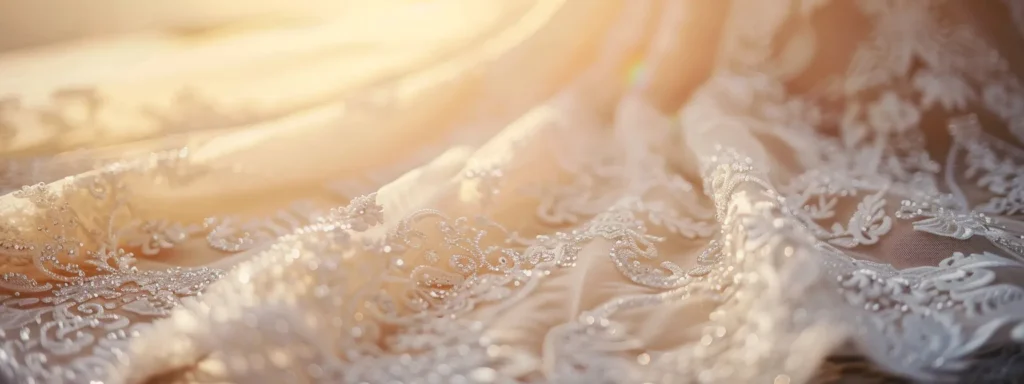 a Stunning Bridal Gown Featuring a Mermaid Silhouette Adorned with Delicate Beading and Intricate Lace Details Glistens in Soft, Diffused Lighting, Highlighting Its Elegant Curves and Creating a Captivating Focal Point Against a Dreamy, Blurred Backdrop. - Scarlet Poppy Bridal Boutique - Scarlet Poppy Bridal Boutique