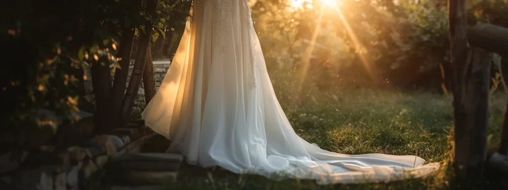 a Stunning Bridal Gown from the 1990s, Featuring Elegant Minimalism and Clean Lines, Beautifully Draped in Soft Natural Light Against a Serene Outdoor Backdrop, Capturing the Essence of Classic Sophistication. - Scarlet Poppy Bridal Boutique - Scarlet Poppy Bridal Boutique