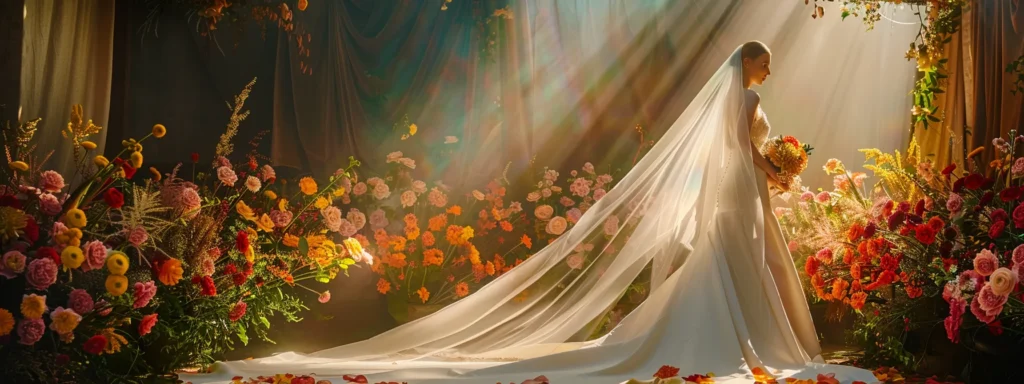 a Stunning Bridal Gown Made of Ethereal Satin and Delicate Tulle, Adorned with a Structured Bodice and Flowing Veil, Elegantly Displayed Against a Backdrop of Vibrant Seasonal Flowers, Capturing the Essence of Seasonal Wedding Dress Styles. - Scarlet Poppy Bridal Boutique - Scarlet Poppy Bridal Boutique