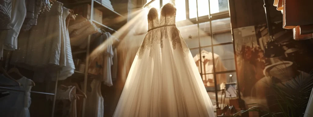 a stunning bridal gown suspended elegantly in a sunlit boutique, showcasing exquisite craftsmanship and luxurious fabrics that emphasize its superior quality and unique artistry. - Scarlet Poppy Bridal Boutique - Scarlet Poppy Bridal Boutique a Stunning Bridal Gown Suspended Elegantly in a Sunlit Boutique, Showcasing Exquisite Craftsmanship and Luxurious Fabrics That Emphasize Its Superior Quality and Unique Artistry. - Scarlet Poppy Bridal Boutique - Scarlet Poppy Bridal Boutique