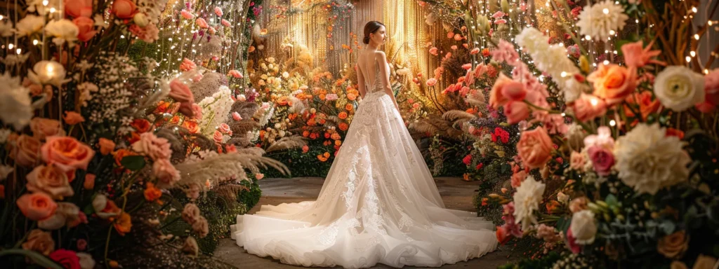 a Stunning Bridal Scene Showcasing a Luxurious Wedding Dress Elegantly Displayed During a Vibrant Trunk Show, Surrounded by a Cascade of Flowers and Sparkling Lights That Highlight Exquisite Designs and Exclusive Offers. - Scarlet Poppy Bridal Boutique - Scarlet Poppy Bridal Boutique