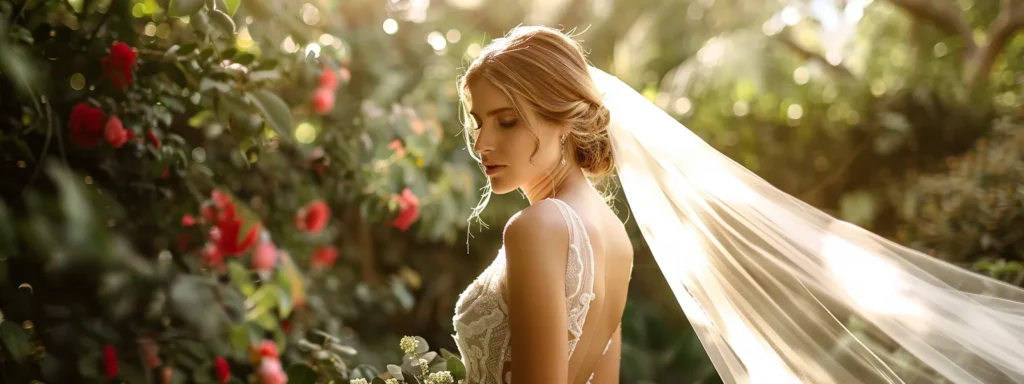 a Stunning Bride, Adorned in an Elegant Wedding Dress, Stands Gracefully in a Sun-drenched Garden, Her Delicate Veil Billowing Softly in the Breeze, Surrounded by Thoughtfully Chosen Accessories That Beautifully Enhance Her Natural Silhouette. - Scarlet Poppy Bridal Boutique - Scarlet Poppy Bridal Boutique