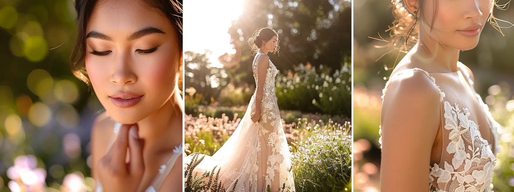 a Stunning Bride Elegantly Poses in a Sunlit Garden, Showcasing an Intricate Modern Bridal Gown Adorned with Delicate Lace and Ethereal Fabrics That Flow Gracefully with the Soft Breeze. - Scarlet Poppy Bridal Boutique - Scarlet Poppy Bridal Boutique