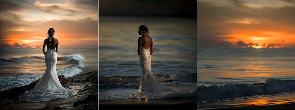 a Stunning Bride in a Graceful Mermaid Gown Stands Elegantly Against a Backdrop of Soft Ocean Waves at Sunset, Her Silhouette Highlighting the Curves of the Dress While Reflecting the Serene Hues of the Twilight Sky. - Scarlet Poppy Bridal Boutique - Scarlet Poppy Bridal Boutique