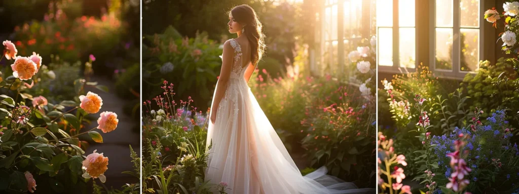 a Stunning Bride in a Flowing Drop Waist Gown Stands Elegantly in a Sunlit Garden, Showcasing the Gown's Chic Silhouette Against a Backdrop of Vibrant Blossoms and Soft Greenery. - Scarlet Poppy Bridal Boutique - Scarlet Poppy Bridal Boutique