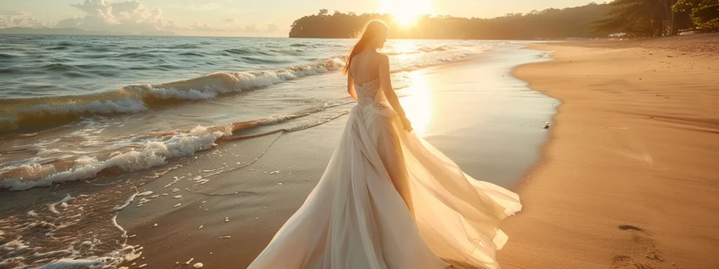 a Stunning Bride in a Flowing, Lightweight Gown Stands on a Sun-kissed Beach, the Gentle Waves Lapping at Her Feet, Perfectly Embodying the Elegance and Tranquility of a Destination Wedding. - Scarlet Poppy Bridal Boutique - Scarlet Poppy Bridal Boutique