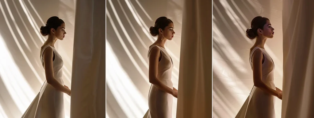 a Stunning Bride in a Sleek Column Gown Stands Gracefully Against a Softly Lit Backdrop, Her Elegant Silhouette Perfectly Accentuating Her Natural Lines and Radiating Timeless Beauty. - Scarlet Poppy Bridal Boutique - Scarlet Poppy Bridal Boutique