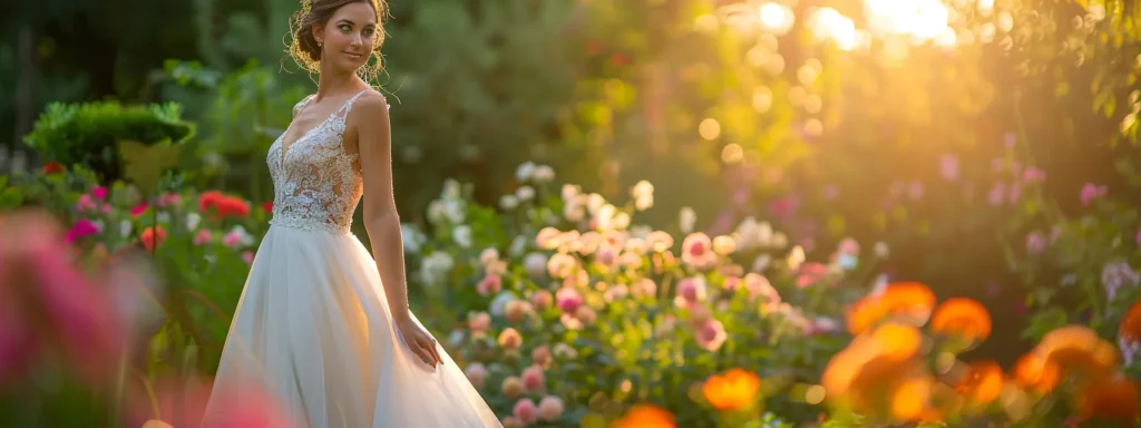 a Stunning Bride in an Elegant A-line Gown, Accentuating Her Waist and Bust with a Gracefully Flowing Silhouette, Stands in a Sunlit Garden, Showcasing the Harmonious Balance of Her Pear-shaped Figure Against a Backdrop of Vibrant Flowers. - Scarlet Poppy Bridal Boutique - Scarlet Poppy Bridal Boutique
