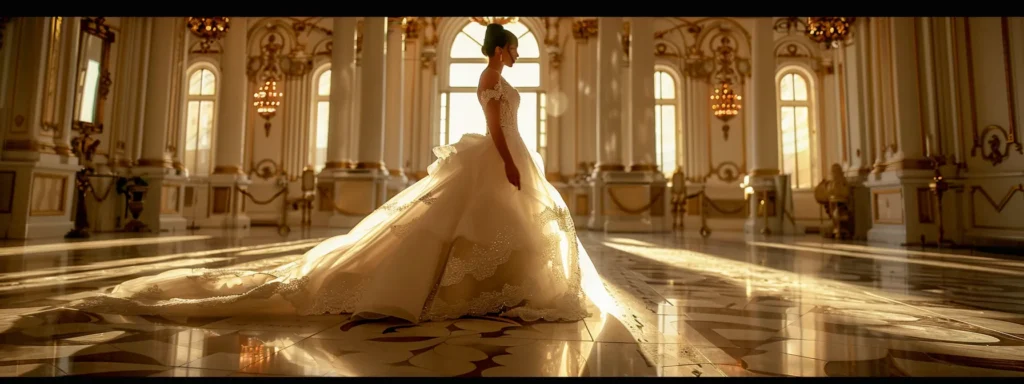 a Stunning Bride Stands Gracefully in an Opulent Ballroom, Adorned in an Elegant Ball Gown Silhouette That Cascades Dramatically, Capturing Light and Creating a Timeless Aura of Sophistication and Enchantment. - Scarlet Poppy Bridal Boutique - Scarlet Poppy Bridal Boutique