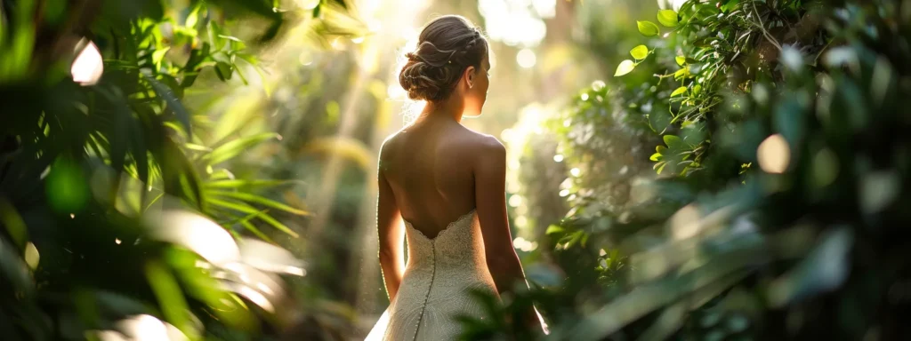 a Stunning Bride Stands Gracefully in a Flowing Wedding Dress That Accentuates Her Natural Shape, Surrounded by Soft, Natural Light Filtering Through Lush Greenery, Enhancing the Elegance of Her Silhouette. - Scarlet Poppy Bridal Boutique - Scarlet Poppy Bridal Boutique