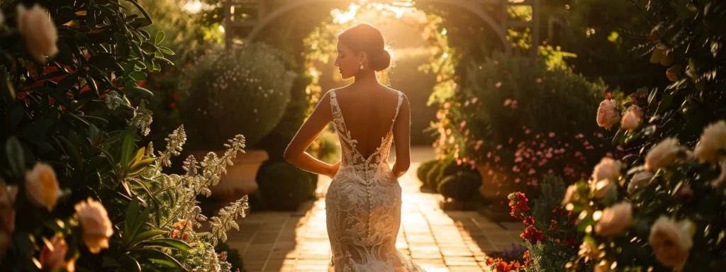 a Stunning Bride Stands Gracefully in a Luxurious Fit-and-flare Gown, the Elegant Silhouette Accentuated by Soft, Diffused Light, Amidst a Romantic Outdoor Setting Adorned with Blooming Flowers and Lush Greenery. - Scarlet Poppy Bridal Boutique - Scarlet Poppy Bridal Boutique