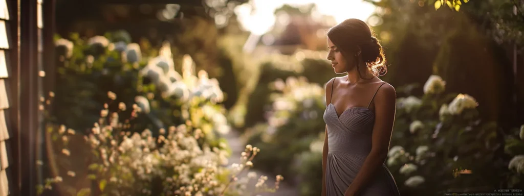 a Stunning Bridesmaid Stands Gracefully in a Refined Sheath Gown That Elegantly Contours Her Figure, Bathed in Soft, Natural Light Against a Serene Outdoor Backdrop That Highlights the Dress's Sophisticated Silhouette. - Scarlet Poppy Bridal Boutique - Scarlet Poppy Bridal Boutique