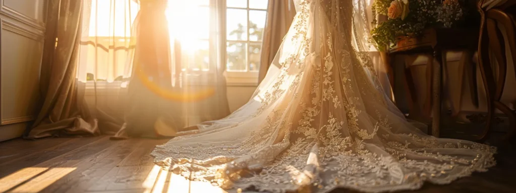 a Stunning Custom-made Bridal Dress Elegantly Drapes on a Mannequin in a Sunlit Boutique, Showcasing Intricate Lace Details and a Flowing Skirt That Perfectly Embodies the Bride's Unique Vision and Personal Style. - Scarlet Poppy Bridal Boutique - Scarlet Poppy Bridal Boutique