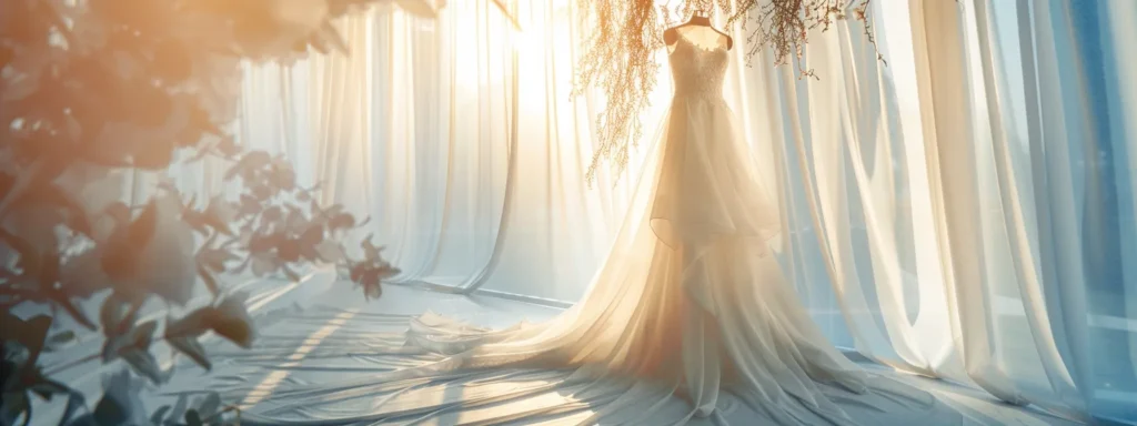 a Stunning Designer Wedding Dress Displayed Elegantly Against a Soft, Ethereal Backdrop, Showcasing Intricate Details and Unique Craftsmanship That Blend Contemporary Trends with Timeless Elegance. - Scarlet Poppy Bridal Boutique - Scarlet Poppy Bridal Boutique