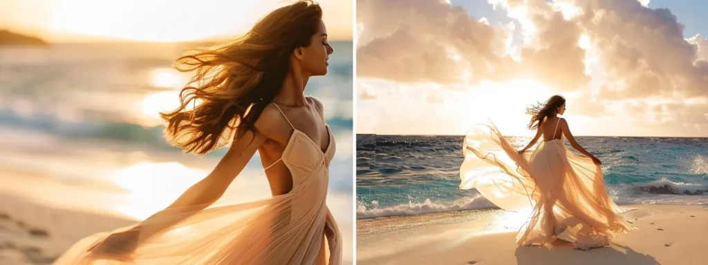 a Stunning Destination Wedding Scene Featuring a Bride in a Flowing, Lightweight Chiffon Dress, Gracefully Swaying Against a Picturesque Beach Backdrop, Embodying Elegance and Comfort in Warm, Golden Sunlight. - Scarlet Poppy Bridal Boutique - Scarlet Poppy Bridal Boutique