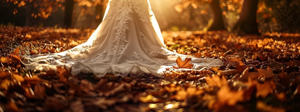 a Stunning Fall Wedding Dress Adorned with Rich, Warm Tones and Intricate Textures, Set Against a Backdrop of Golden Autumn Leaves, Evoking a Romantic and Rustic Atmosphere. - Scarlet Poppy Bridal Boutique - Scarlet Poppy Bridal Boutique