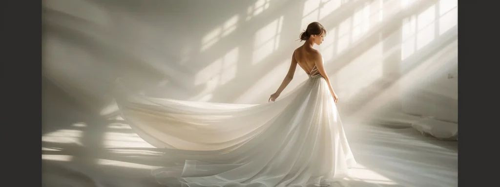 a Stunning Fit-and-flare Gown Elegantly Drapes over a Graceful Figure, the Fabric Shimmering Under Soft, Ambient Lighting, Accentuating the Waist While Cascading into a Flowing Skirt That Embodies Modern Bridal Beauty. - Scarlet Poppy Bridal Boutique - Scarlet Poppy Bridal Boutique