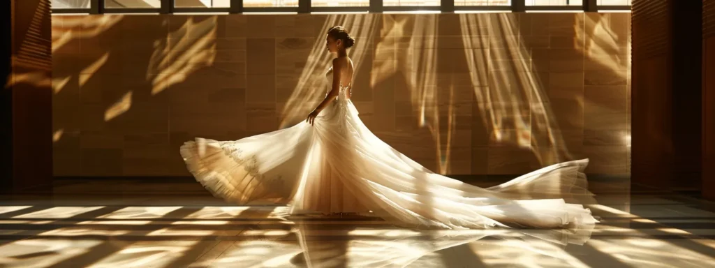 a Stunning High-low Wedding Gown Flows Elegantly, Showcasing Its Unique Hemline Against a Backdrop of Soft, Diffused Natural Light That Highlights the Contemporary Design and Sophistication Perfect for a Modern Bride. - Scarlet Poppy Bridal Boutique - Scarlet Poppy Bridal Boutique