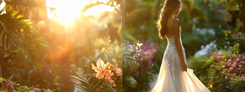 a Stunning Modern Bridal Gown with a Delicate Spaghetti Strap Silhouette Gracefully Drapes over a Bride Standing in a Sunlit Outdoor Setting, Exuding Elegance and Sophistication Against a Vibrant Garden Backdrop. - Scarlet Poppy Bridal Boutique - Scarlet Poppy Bridal Boutique