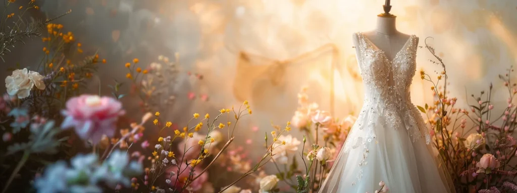 a Stunning Modern Bridal Gown Elegantly Drapes on a Mannequin Amidst a Soft, Dreamy Backdrop of Pastel Florals and Warm, Diffused Lighting, Embodying the Latest Trends in Bridal Fashion. - Scarlet Poppy Bridal Boutique - Scarlet Poppy Bridal Boutique
