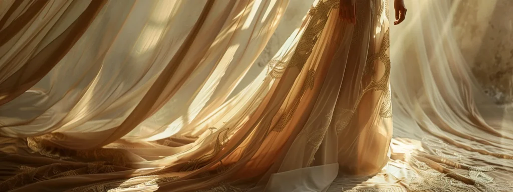 a Stunning Modern Bridal Gown Adorned with Intricate, Sustainable Fabrics Drapes Elegantly Against a Soft, Ethereal Background, Capturing the Essence of Individuality and Contemporary Elegance in Luxury Wedding Fashion. - Scarlet Poppy Bridal Boutique - Scarlet Poppy Bridal Boutique