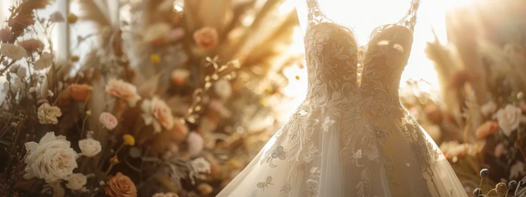 a Stunning Tea-length Wedding Dress, Elegantly Displayed in Soft Natural Light, Showcases Its Vintage Charm and Modern Silhouette While Surrounded by Delicate Floral Accents and Subtle Accessories, Exuding a Romantic and Timeless Bridal Aesthetic. - Scarlet Poppy Bridal Boutique - Scarlet Poppy Bridal Boutique