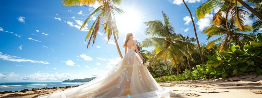 a Stunning Tropical Beach Scene Showcases a Radiant Bride in a Vibrant, Flowing Wedding Gown Adorned with Unique Embellishments, Framed by Lush Palm Trees and a Clear Blue Sky, Epitomizing the Essence of Destination Wedding Trends. - Scarlet Poppy Bridal Boutique - Scarlet Poppy Bridal Boutique