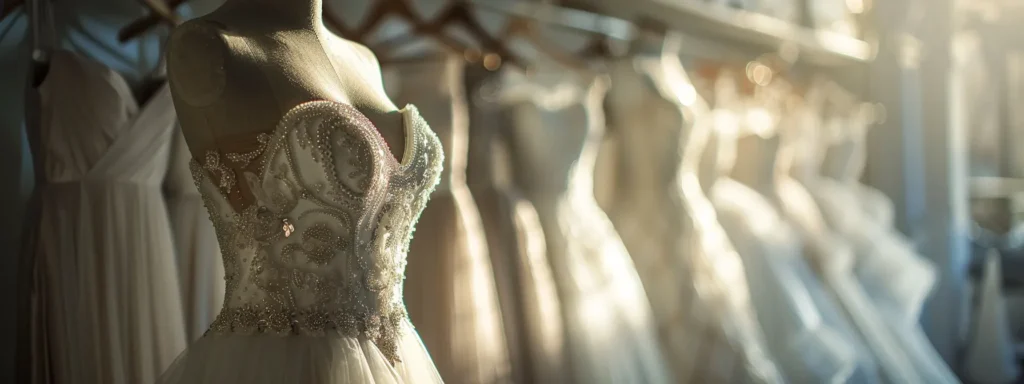 a Stunning Wedding Dress Displayed Elegantly on a Vintage Mannequin, Adorned with Intricate Chiffon Details and Shimmering Bead Embellishments, Set Against a Softly Lit Backdrop of a Luxurious Bridal Boutique. - Scarlet Poppy Bridal Boutique - Scarlet Poppy Bridal Boutique