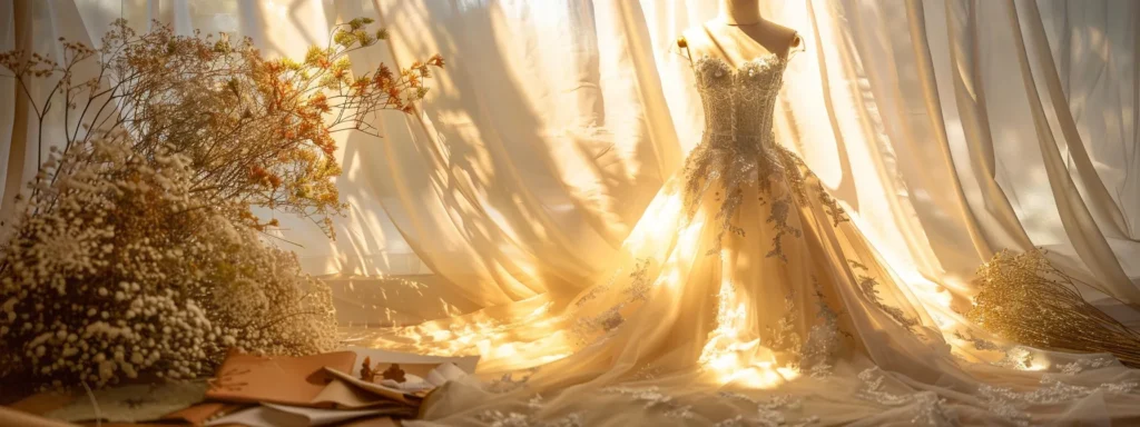 a Stunning Wedding Dress Poised Elegantly on a Vintage Mannequin Under Soft Golden Light, Surrounded by Delicate Flowers and Fabric Swatches, Symbolizing the Journey of Brides Navigating Their Wedding Gown Budgets. - Scarlet Poppy Bridal Boutique - Scarlet Poppy Bridal Boutique