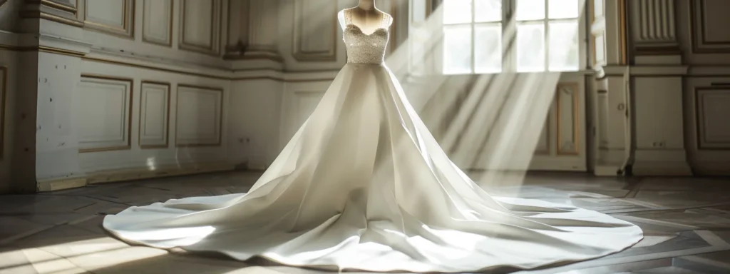a Stunning Wedding Gown Features a Fitted Bodice That Gracefully Flares at the Knees, Beautifully Accentuating Its Elegant Trumpet Silhouette Against a Softly Lit, Blurred Background. - Scarlet Poppy Bridal Boutique - Scarlet Poppy Bridal Boutique