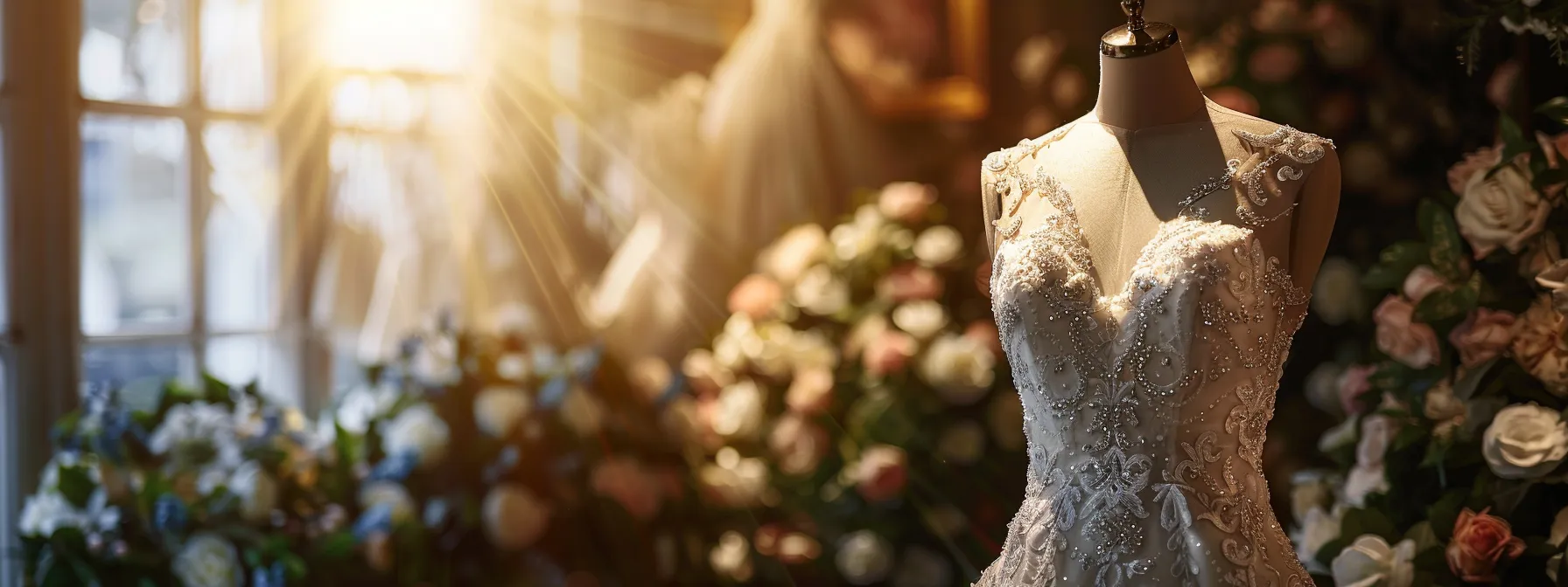 an Elegant Designer Bridal Dress Drapes Gracefully on a Sunlit Display Mannequin Inside the Enchanting Scarlet Poppy Bridal Boutique, Showcasing Intricate Lace and Luxurious Fabric Textures Against a Backdrop of Softly Blurred Floral Arrangements. - Scarlet Poppy Bridal Boutique - Scarlet Poppy Bridal Boutique