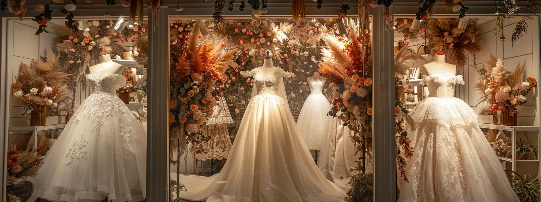 an Elegant Wedding Dress Boutique Adorned with Soft, Ambient Lighting, Showcasing a Breathtaking Array of Stunning Bridal Gowns Draped Gracefully on Vintage Mannequins Amid Romantic Floral Arrangements. - Scarlet Poppy Bridal Boutique - Scarlet Poppy Bridal Boutique